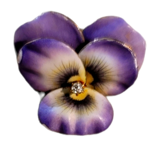 Antique Enamel and 0.25 carats Diamond Pansy Brooch/ pendant 14K yellow Gold - Picture 1 of 5